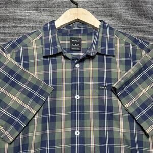 RVCA Shirt Men's Medium Blue Green Madras Plaid Short Sleeve Button Up